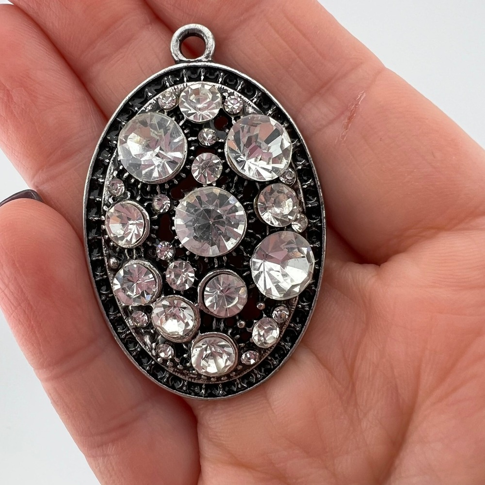 Oval Rhinestone Pendant Silver Tone Black Statement Necklace Charm‎